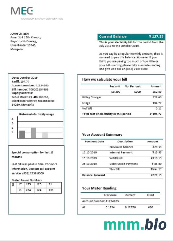 Mongolia Energy Corporation (MEC) szablon rachunku za energię elektryczną w formacie Word i PDF